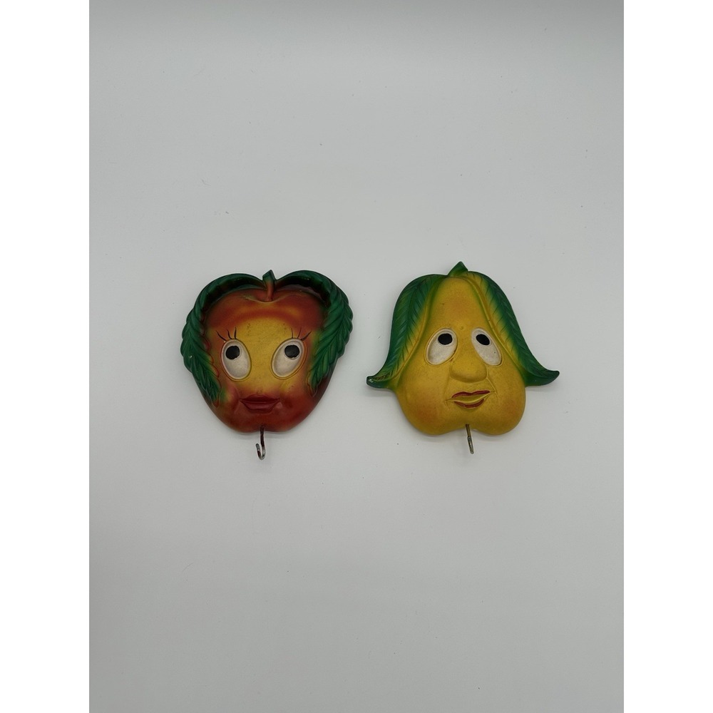 Vintage 1970s Chalkware Apple Pear Wall Hooks Anthropomorphic Fruit Kitsch